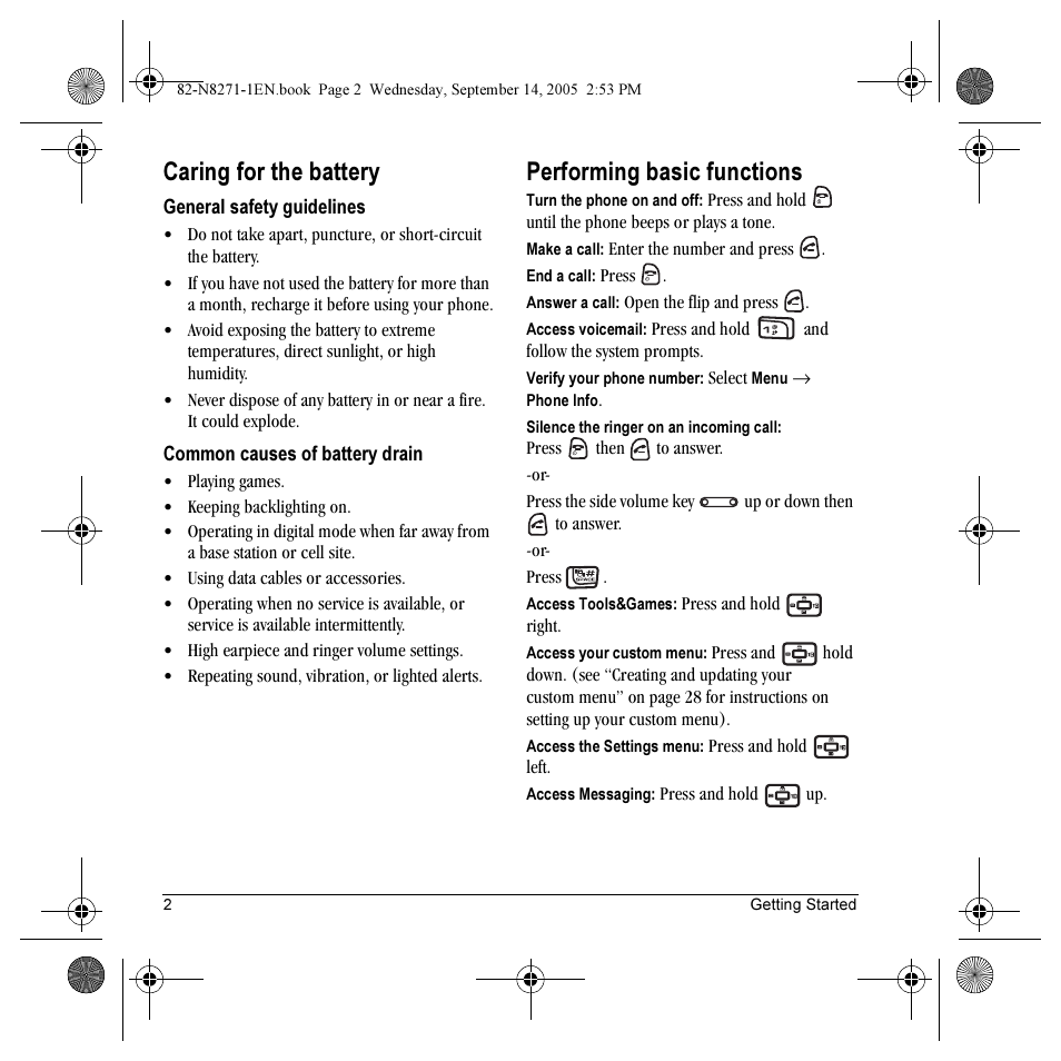 Caring for the battery, Performing basic functions | Kyocera KX9 User Manual | Page 9 / 50
