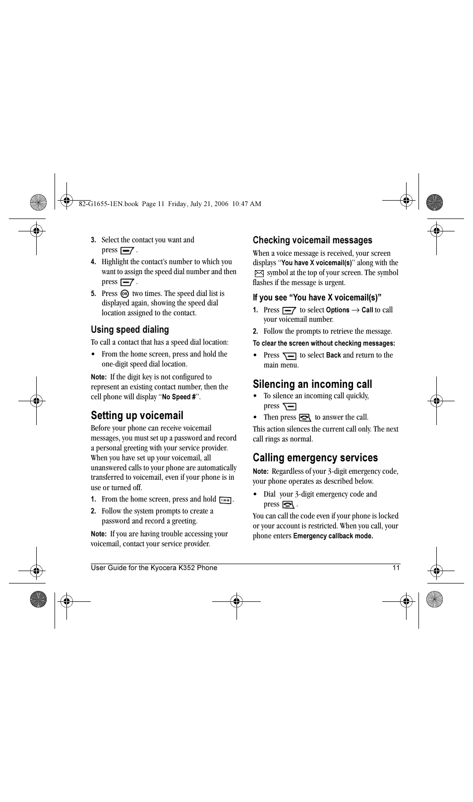 Setting up voicemail, Silencing an incoming call, Calling emergency services | Kyocera K352 User Manual | Page 17 / 64