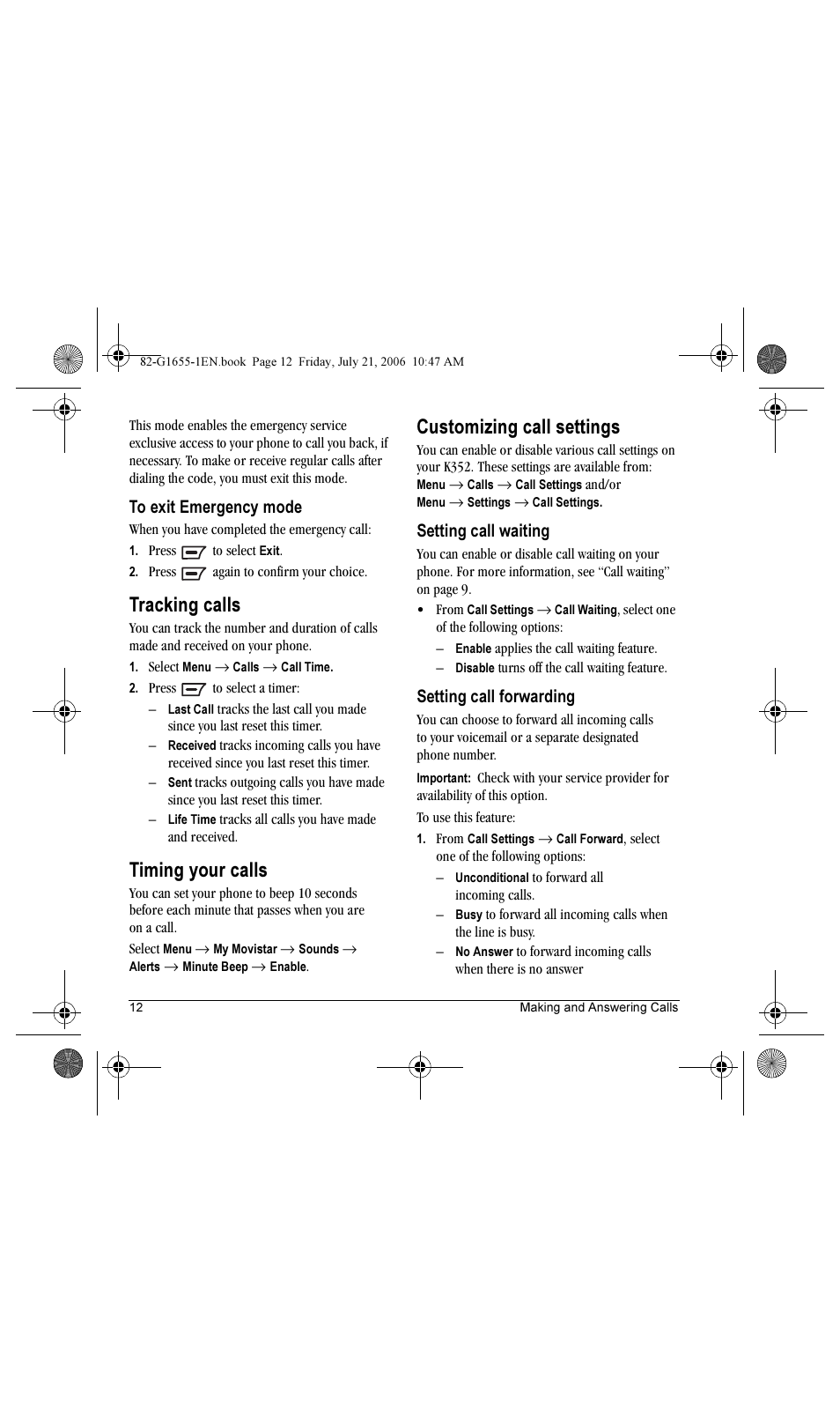 Tracking calls, Timing your calls, Customizing call settings | Setting call waiting, Setting call forwarding | Kyocera K352 User Manual | Page 18 / 64