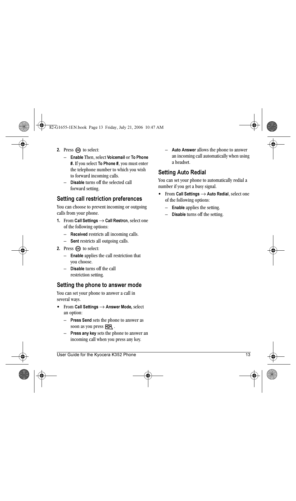 Setting call restriction preferences, Setting the phone to answer mode, Setting auto redial | Kyocera K352 User Manual | Page 19 / 64