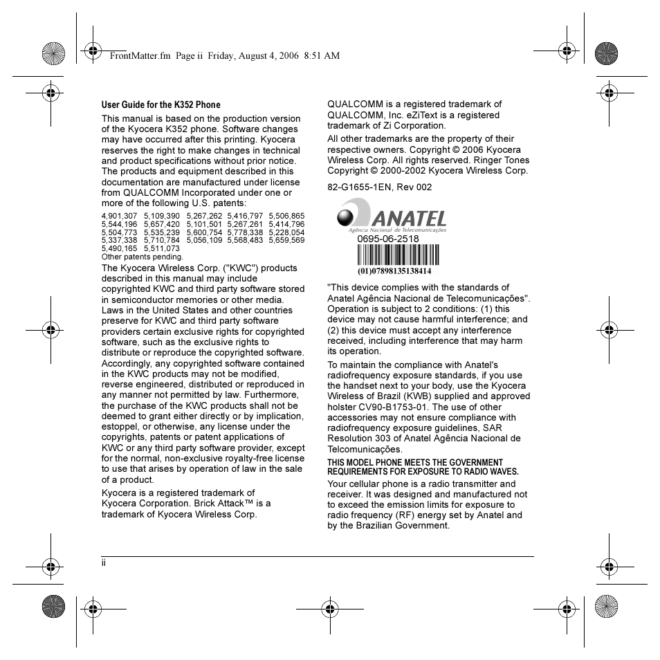 Kyocera K352 User Manual | Page 2 / 64