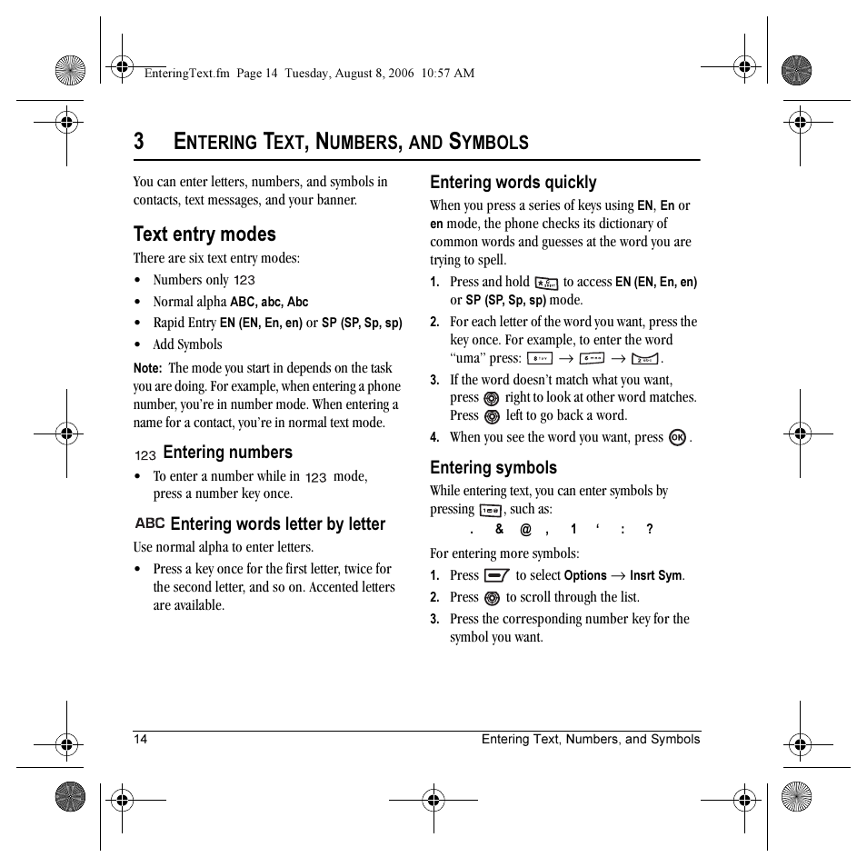 Text entry modes, Ntering, Umbers | Ymbols | Kyocera K352 User Manual | Page 20 / 64