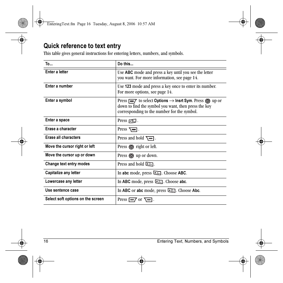 Quick reference to text entry | Kyocera K352 User Manual | Page 22 / 64