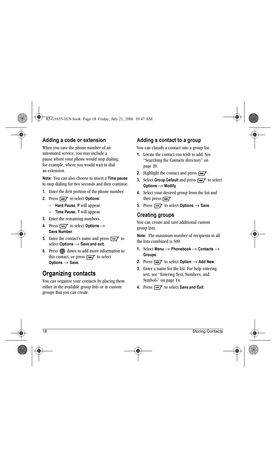 Organizing contacts, Adding a code or extension, Adding a contact to a group | Creating groups | Kyocera K352 User Manual | Page 24 / 64