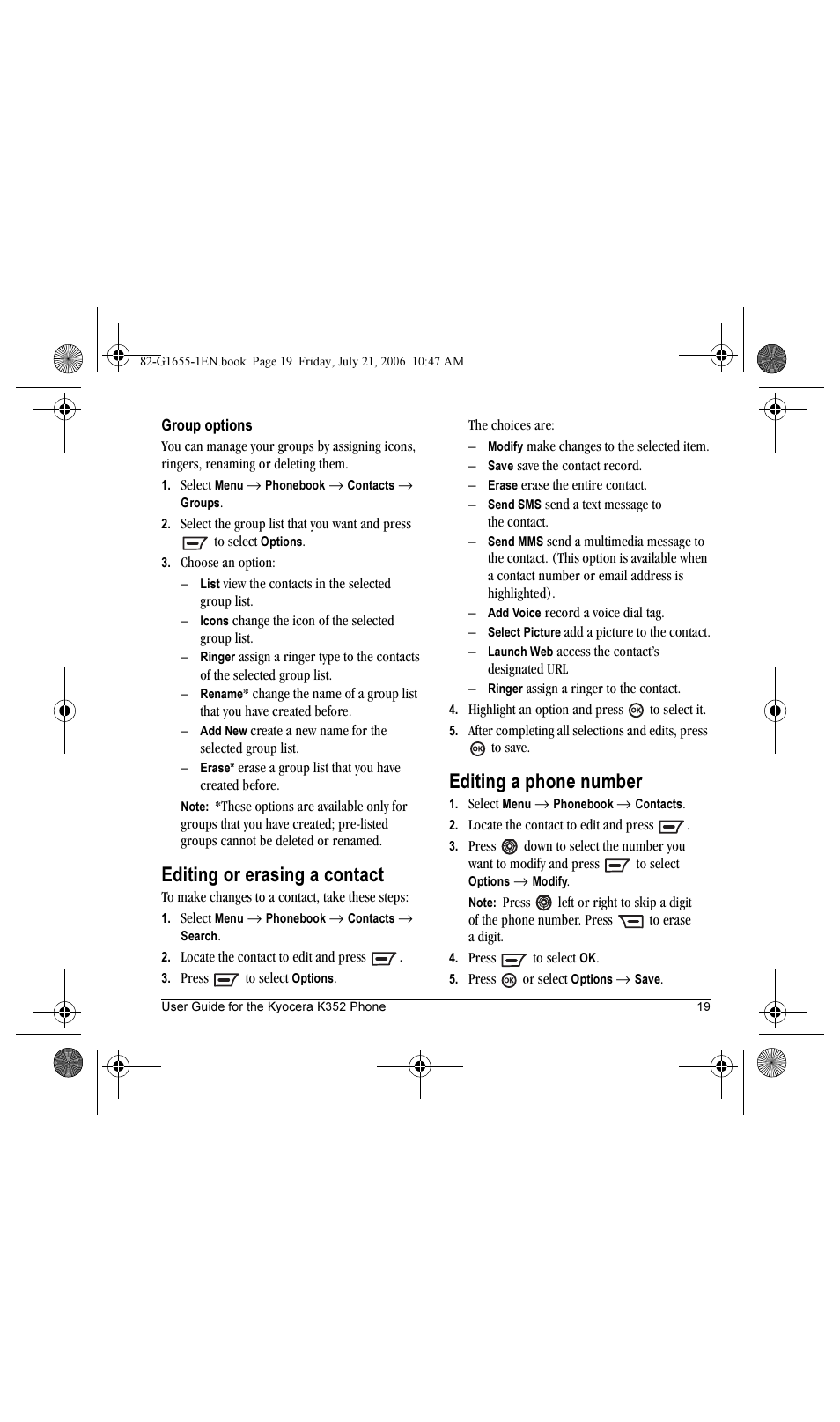 Editing or erasing a contact, Editing a phone number | Kyocera K352 User Manual | Page 25 / 64