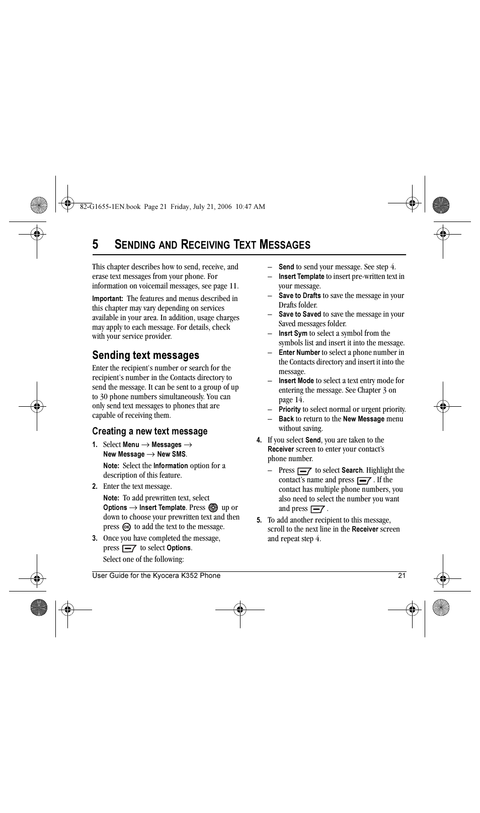 Sending text messages, Ending, Eceiving | Essages | Kyocera K352 User Manual | Page 27 / 64