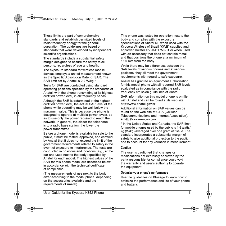 Kyocera K352 User Manual | Page 3 / 64