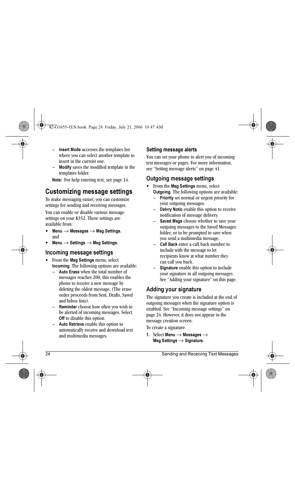 Customizing message settings, Incoming message settings, Outgoing message settings | Adding your signature | Kyocera K352 User Manual | Page 30 / 64