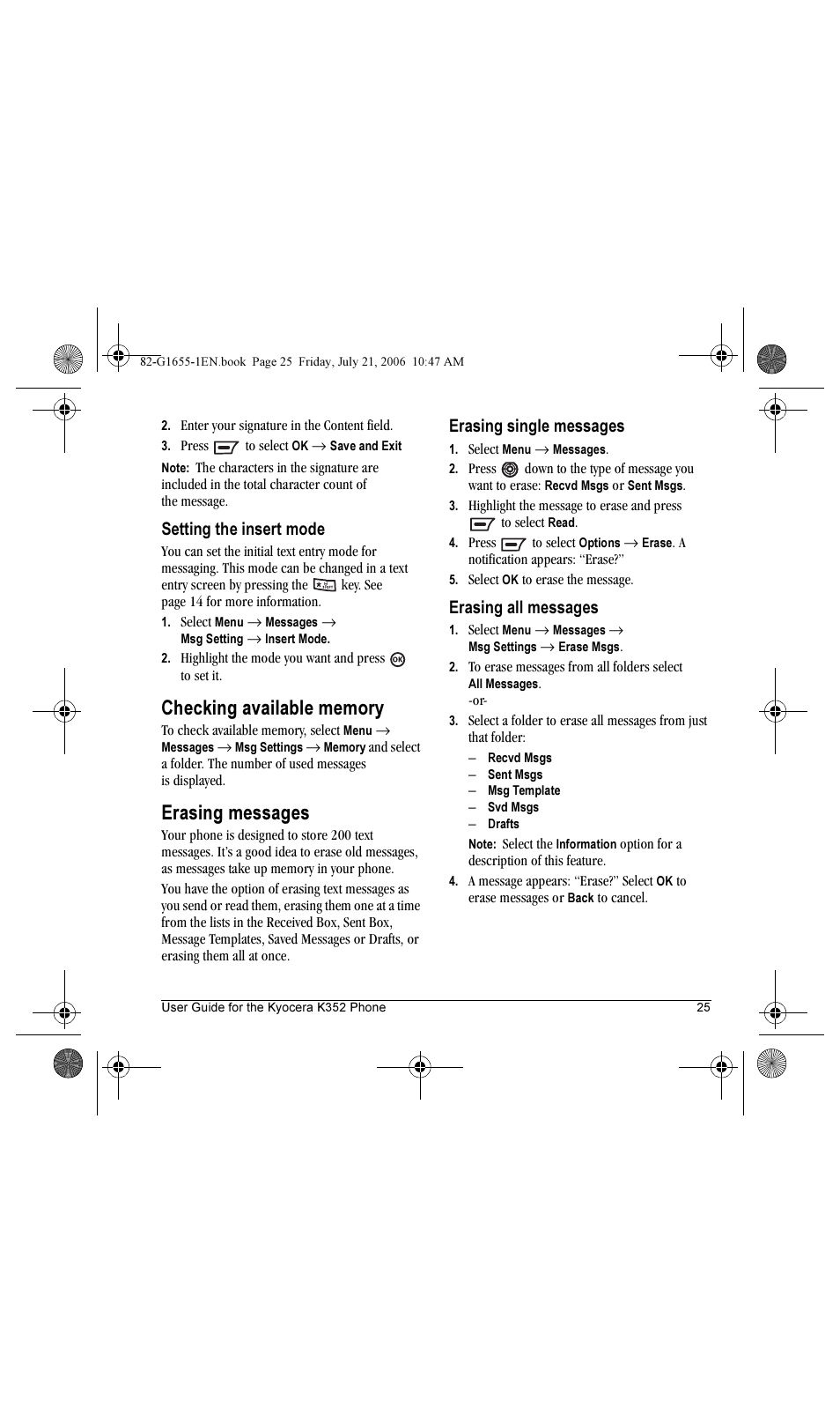 Erasing messages, Setting the insert mode, Erasing single messages | Erasing all messages | Kyocera K352 User Manual | Page 31 / 64