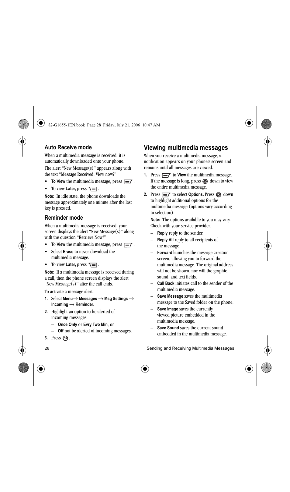 Viewing multimedia messages, Auto receive mode, Reminder mode | Kyocera K352 User Manual | Page 34 / 64