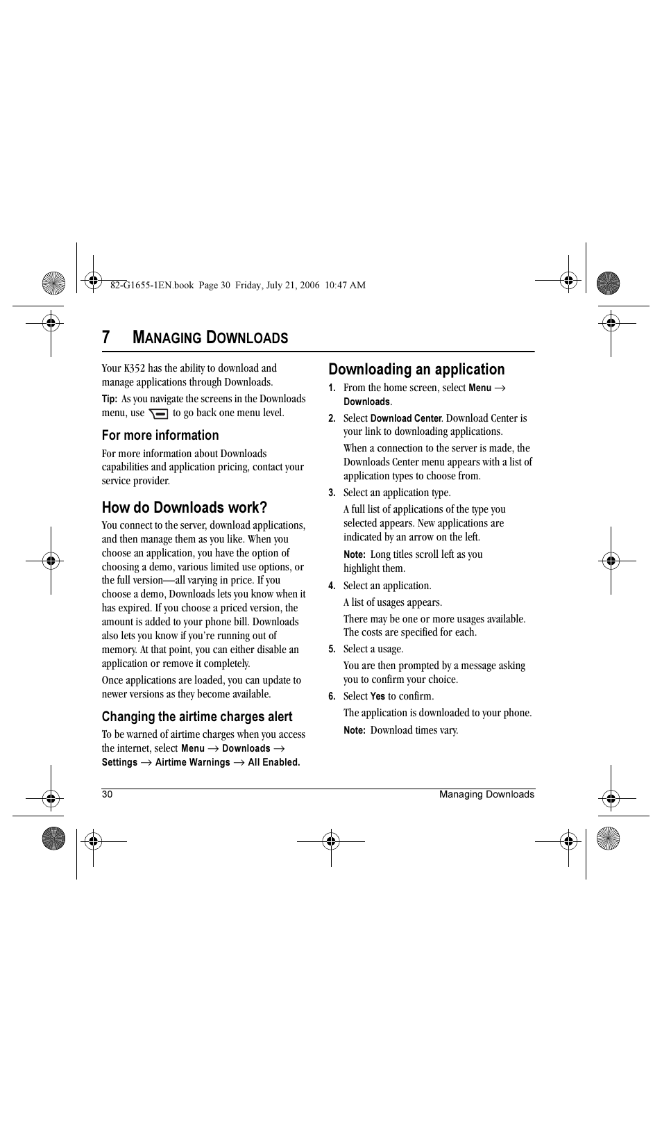 How do downloads work, Downloading an application, Anaging | Ownloads | Kyocera K352 User Manual | Page 36 / 64