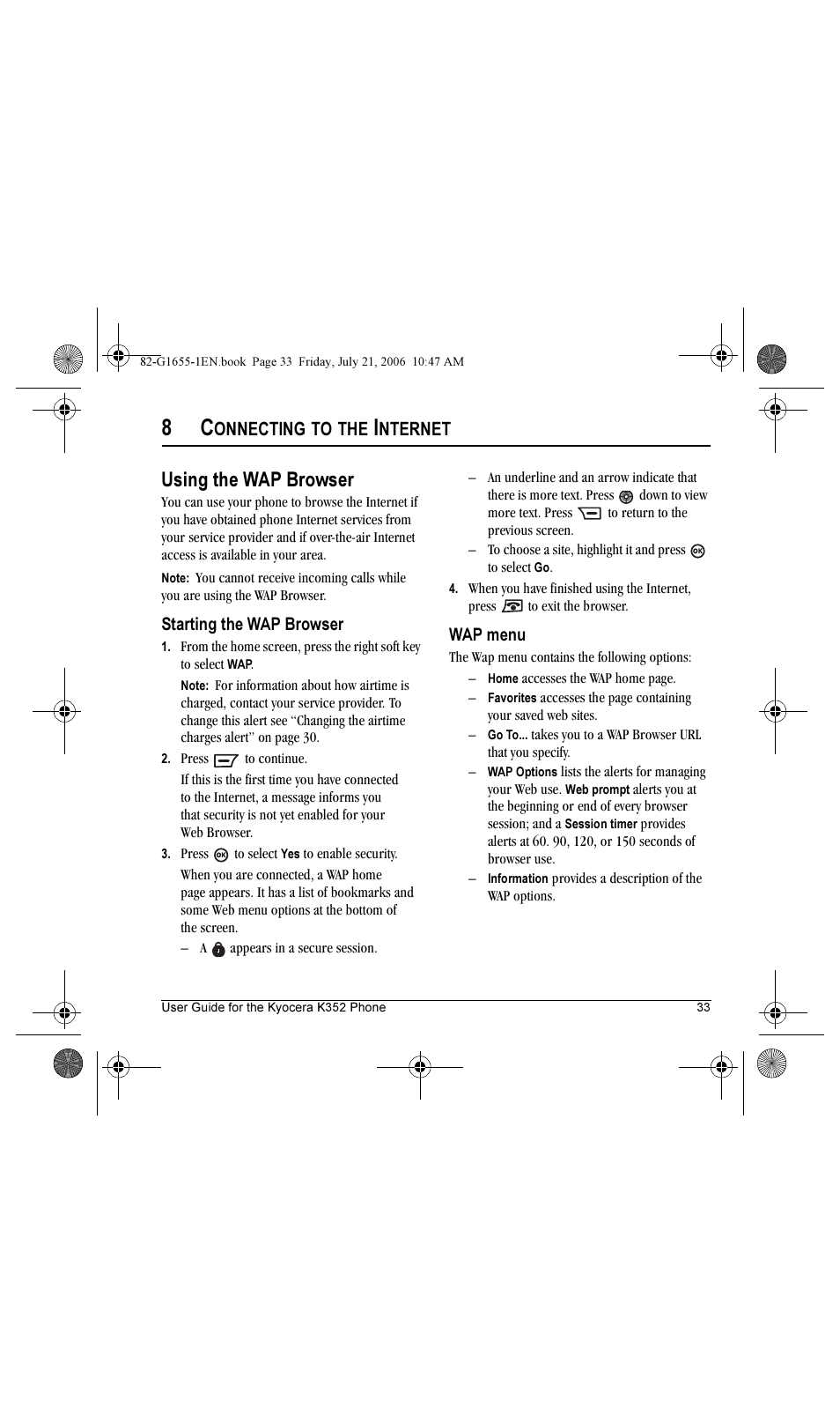 Using the wap browser, Onnecting, Nternet | Kyocera K352 User Manual | Page 39 / 64