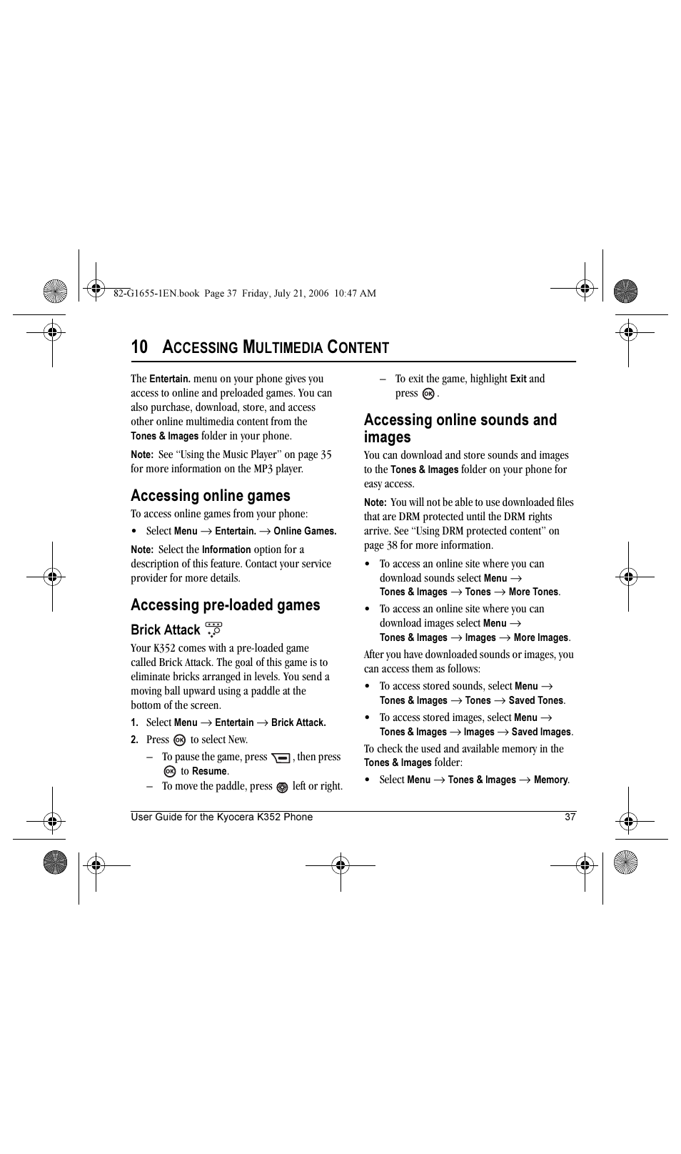 10 a, Accessing online games, Accessing pre-loaded games | Accessing online sounds and images, Ccessing, Ultimedia, Ontent | Kyocera K352 User Manual | Page 43 / 64