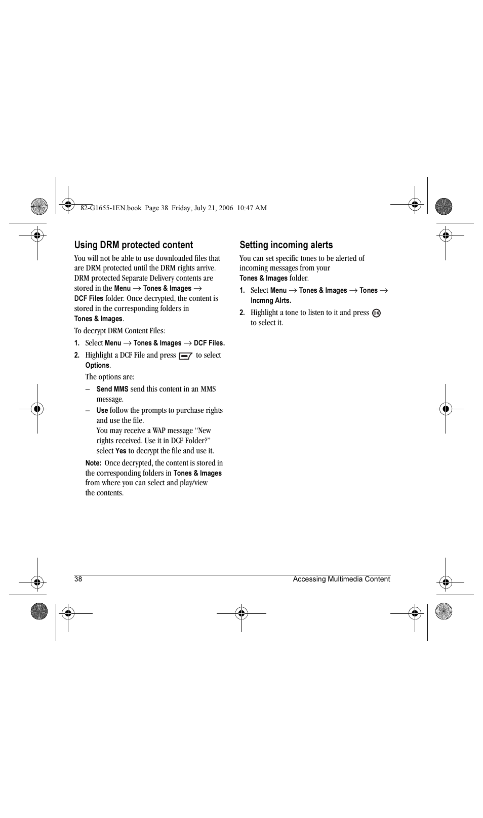 Using drm protected content, Setting incoming alerts | Kyocera K352 User Manual | Page 44 / 64