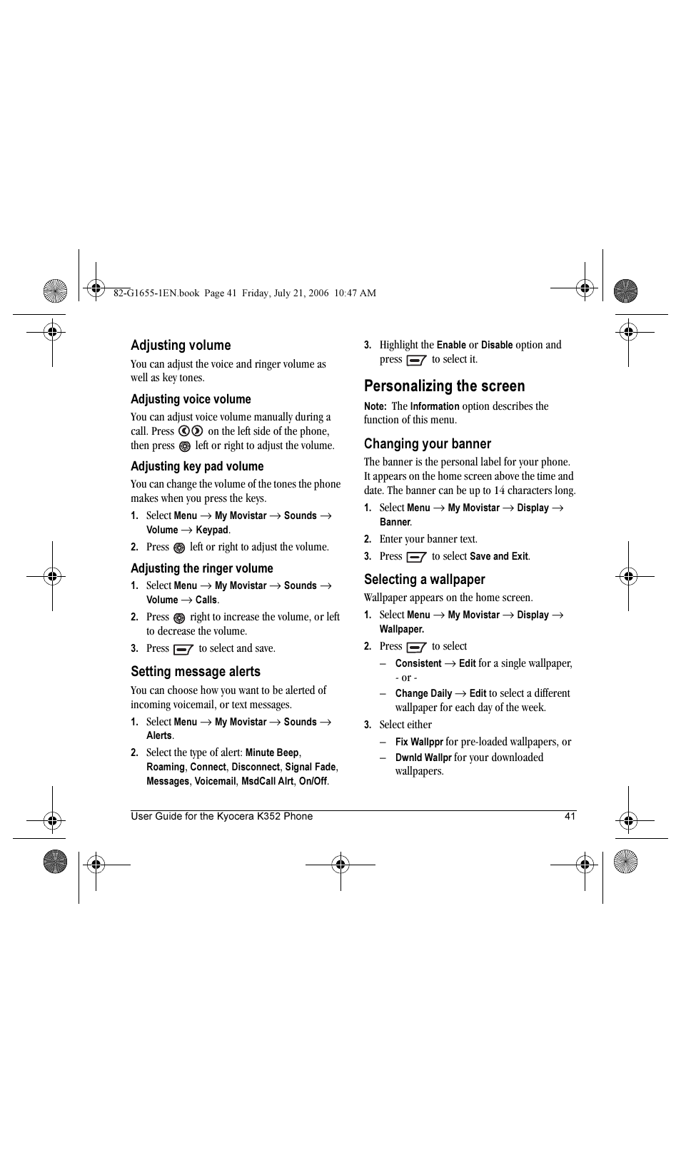 Personalizing the screen, Adjusting volume, Setting message alerts | Changing your banner, Selecting a wallpaper | Kyocera K352 User Manual | Page 47 / 64