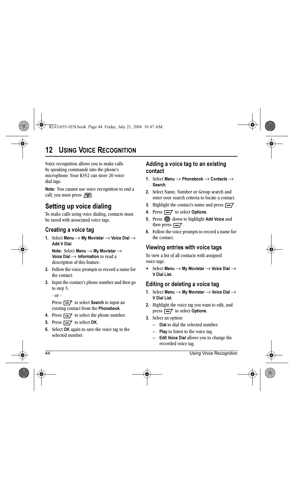 12 u, Setting up voice dialing, Sing | Oice, Ecognition | Kyocera K352 User Manual | Page 50 / 64