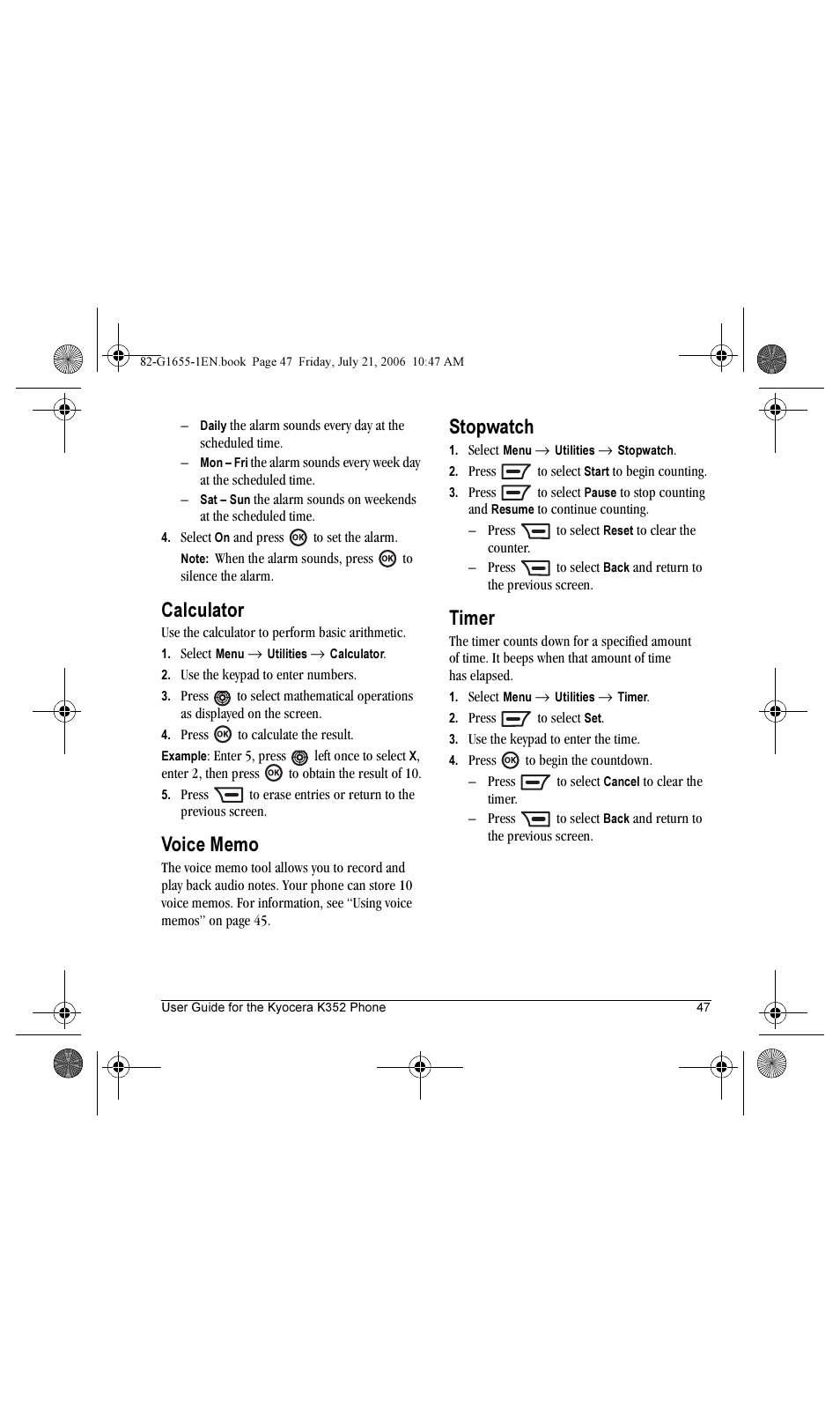 Calculator, Stopwatch, Timer | Kyocera K352 User Manual | Page 53 / 64