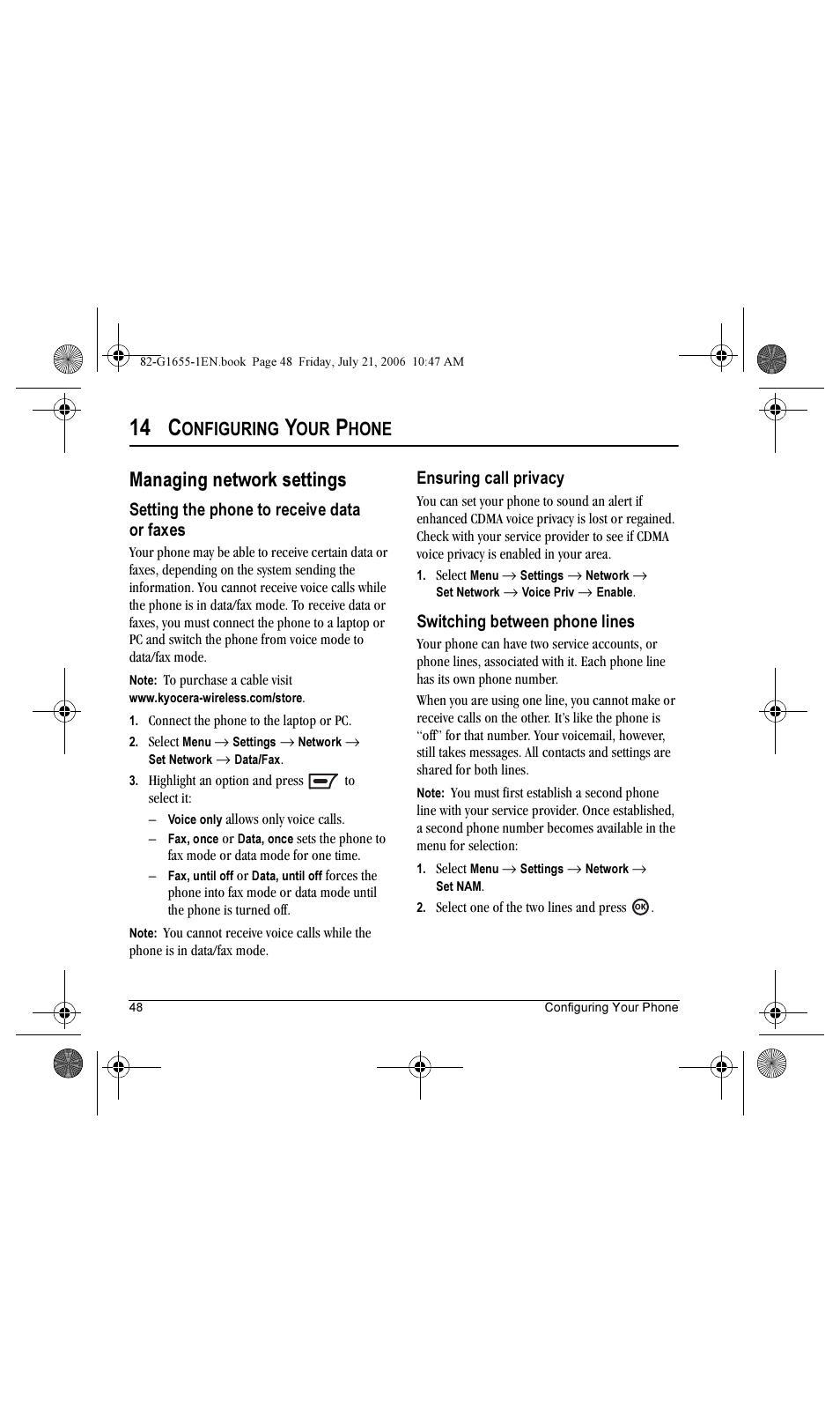 14 c, Managing network settings, Onfiguring | Hone | Kyocera K352 User Manual | Page 54 / 64