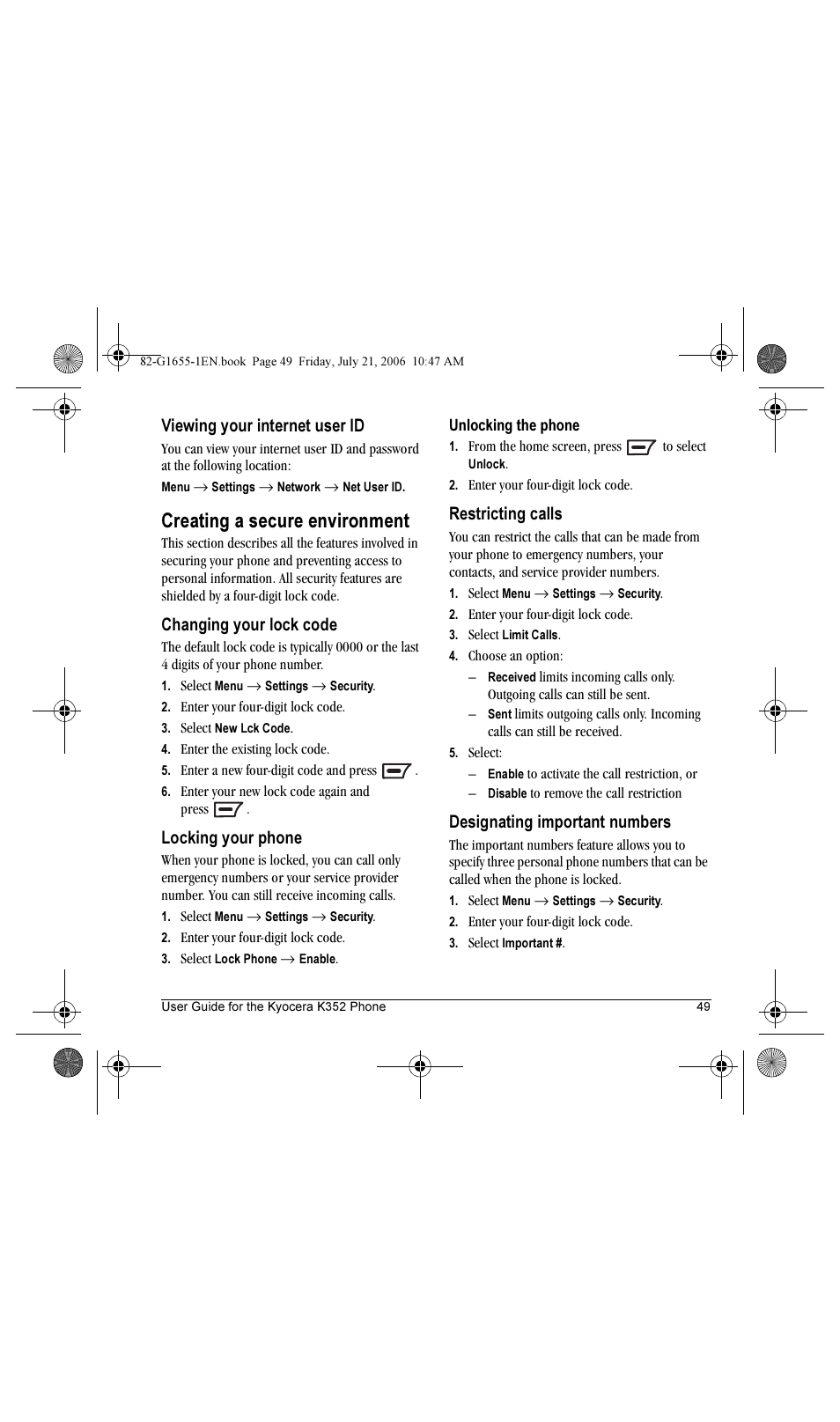 Creating a secure environment, Viewing your internet user id, Changing your lock code | Locking your phone, Restricting calls, Designating important numbers | Kyocera K352 User Manual | Page 55 / 64