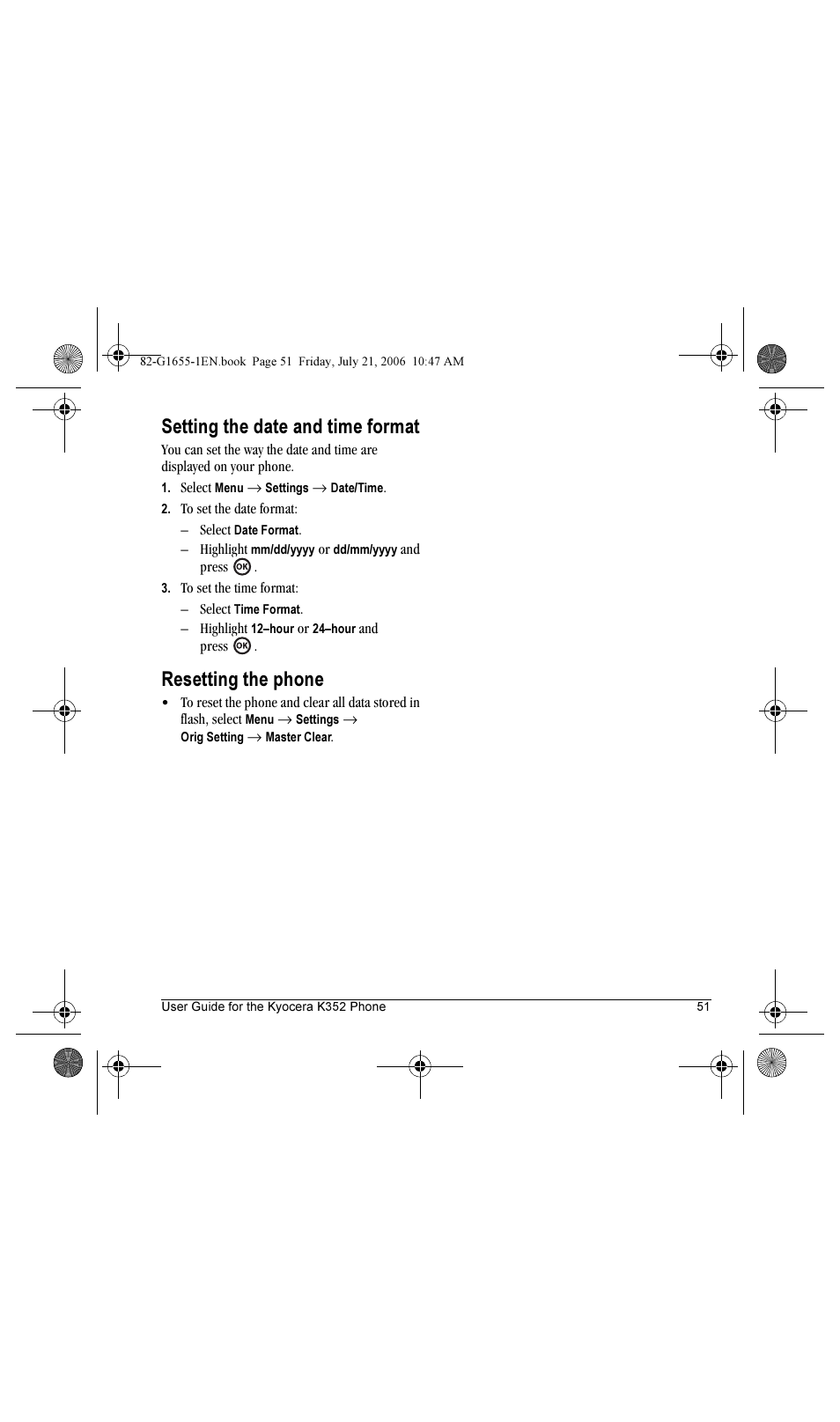 Setting the date and time format, Resetting the phone | Kyocera K352 User Manual | Page 57 / 64