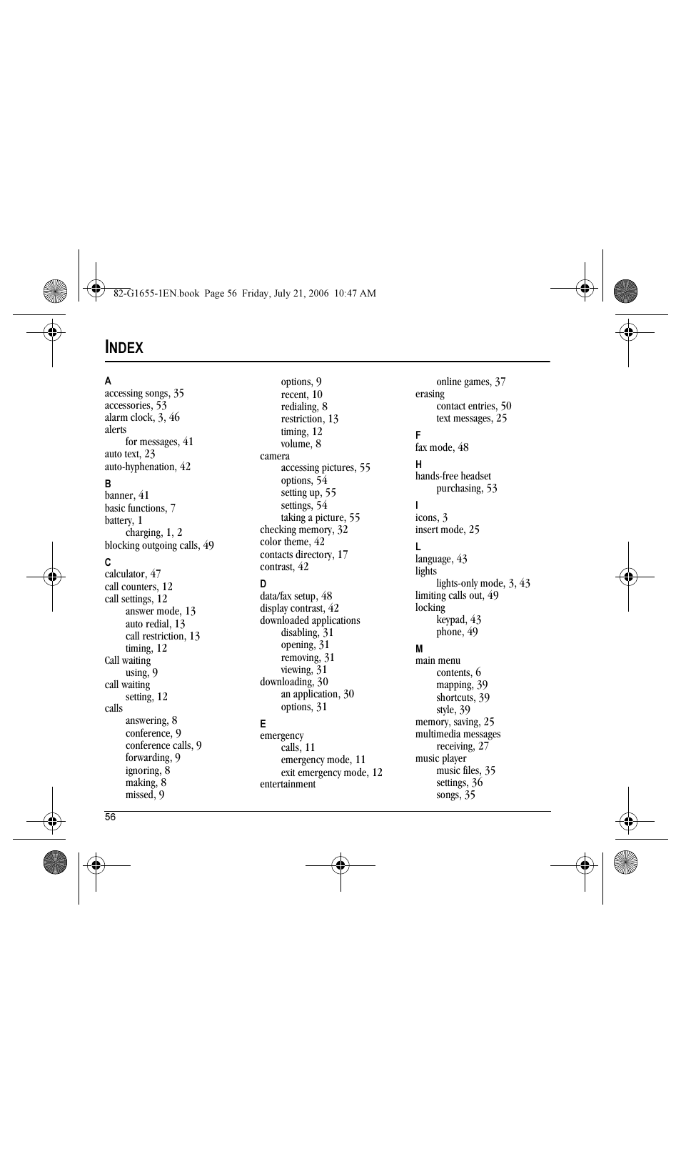 Ndex | Kyocera K352 User Manual | Page 62 / 64