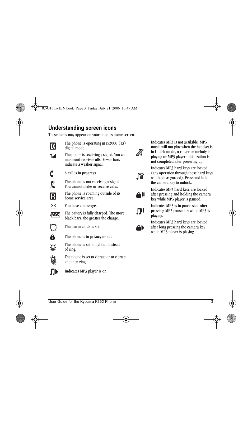 Understanding screen icons | Kyocera K352 User Manual | Page 9 / 64