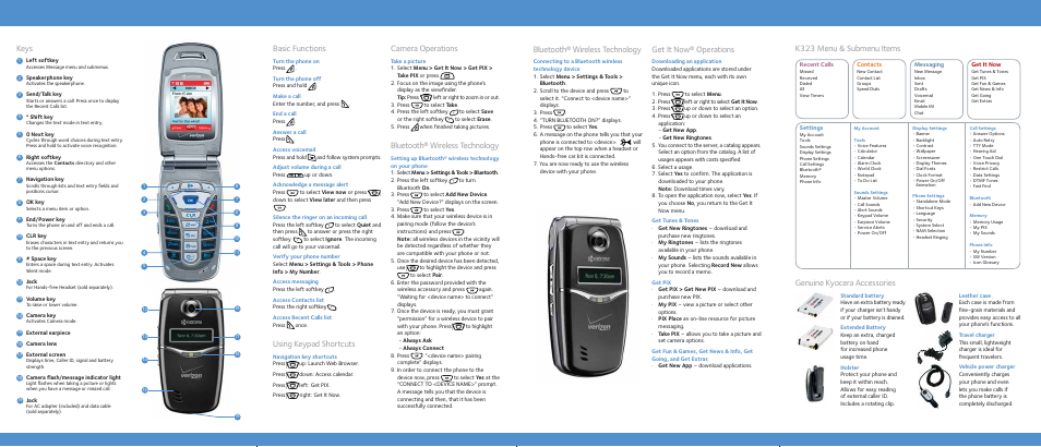 Basic functions, Using keypad shortcuts, Camera operations | Bluetooth® wireless technology, Keys, Genuine kyocera accessories, Get it now® operations, K323 menu & submenu items | Kyocera K323 User Manual | Page 2 / 2