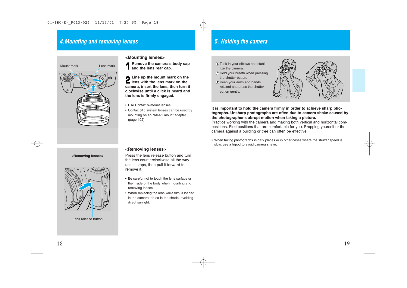 Mounting and removing lenses, Holding the camera | Kyocera Contax NX User Manual | Page 12 / 61
