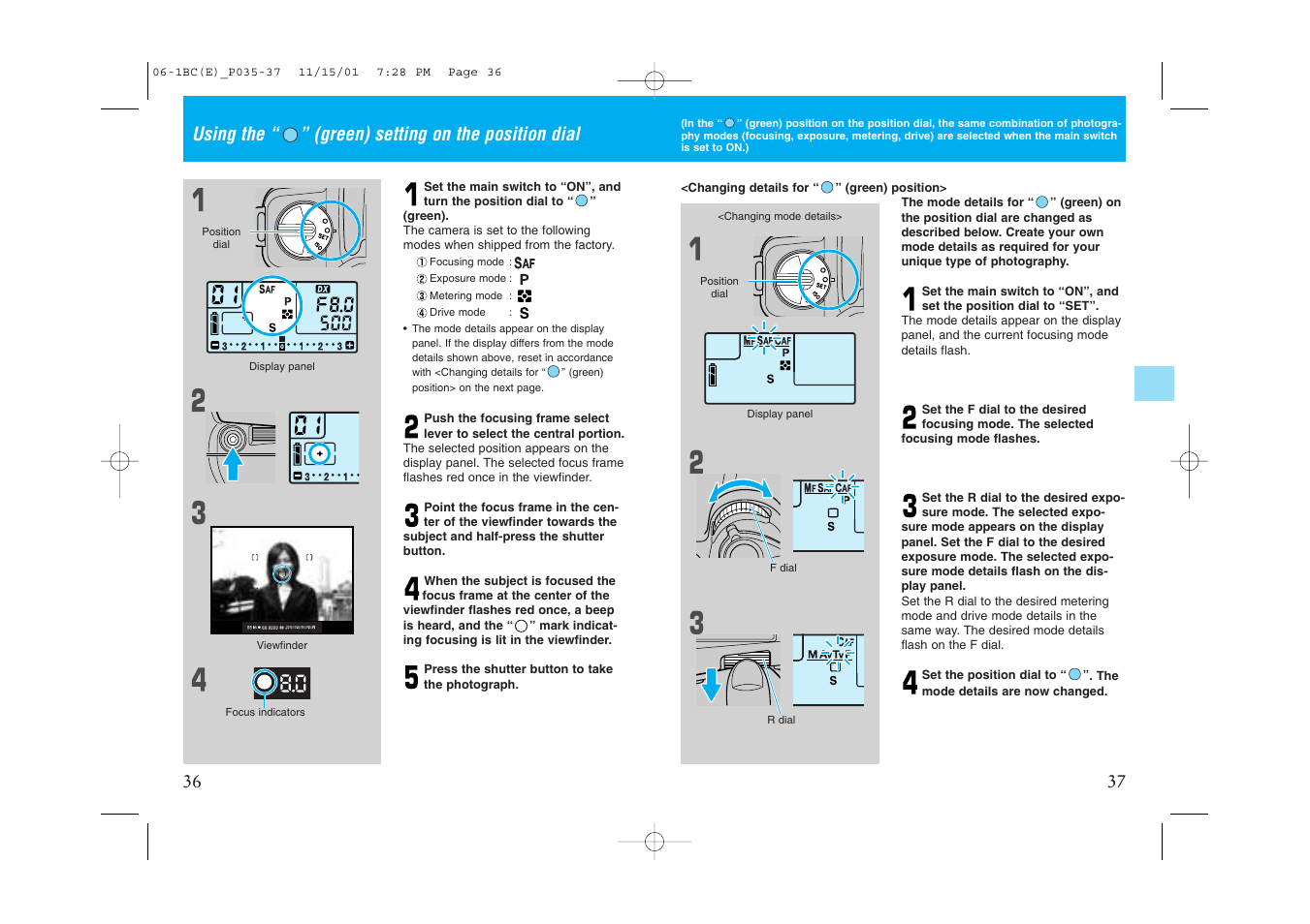 Using the “ ” (green) setting on the position dial | Kyocera Contax NX User Manual | Page 23 / 61