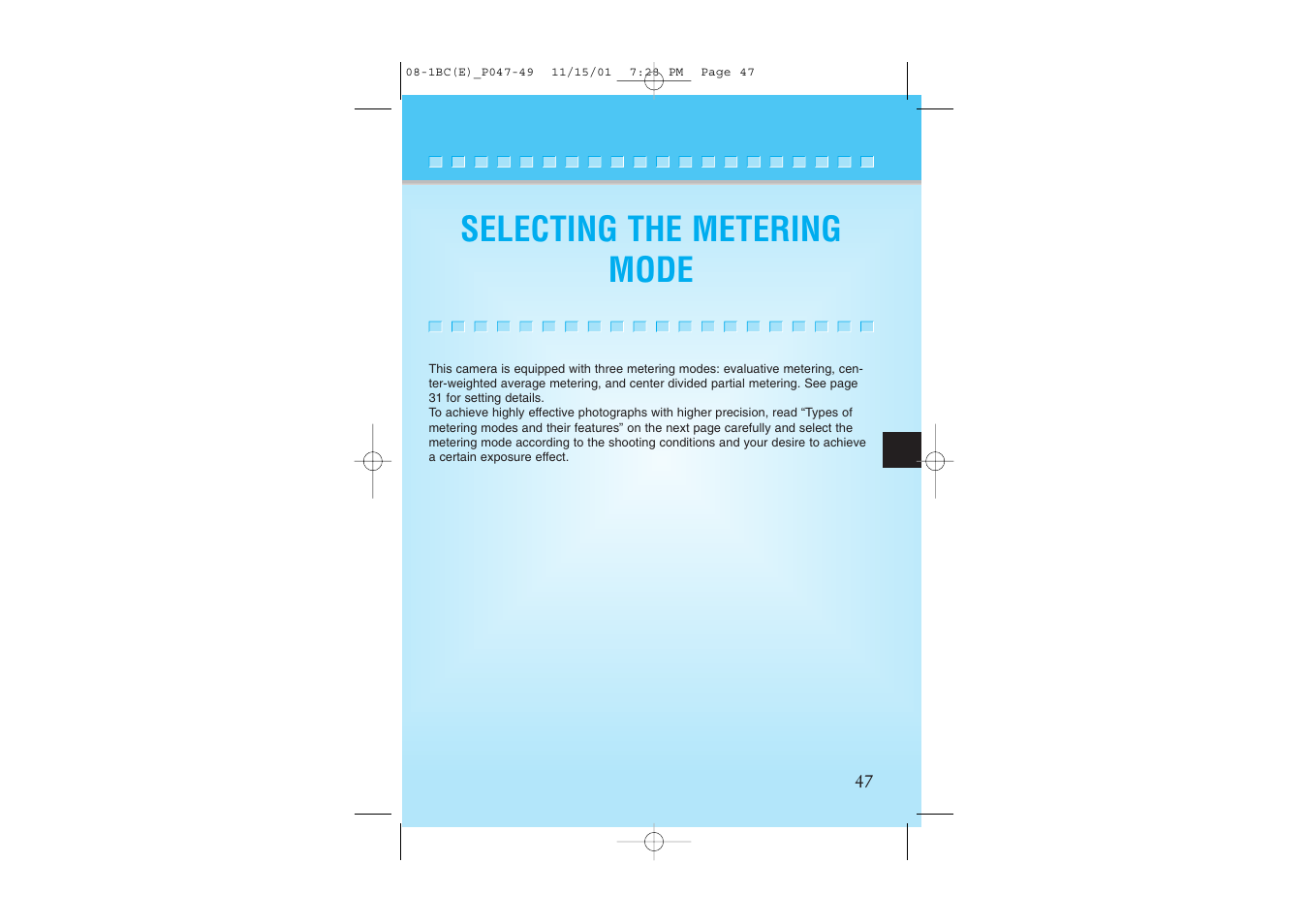 Selecting the metering mode | Kyocera Contax NX User Manual | Page 29 / 61