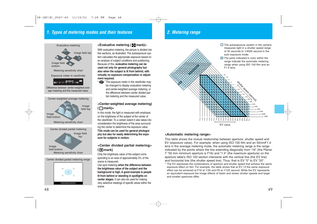 Evaluative metering ( mark), Center-weighted average metering) ( mark), Center divided partial metering> ( mark) | Automatic metering range | Kyocera Contax NX User Manual | Page 30 / 61