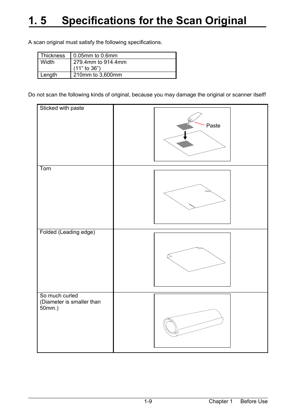 5 specifications for the scan original | Kyocera KM-3650w User Manual | Page 12 / 62