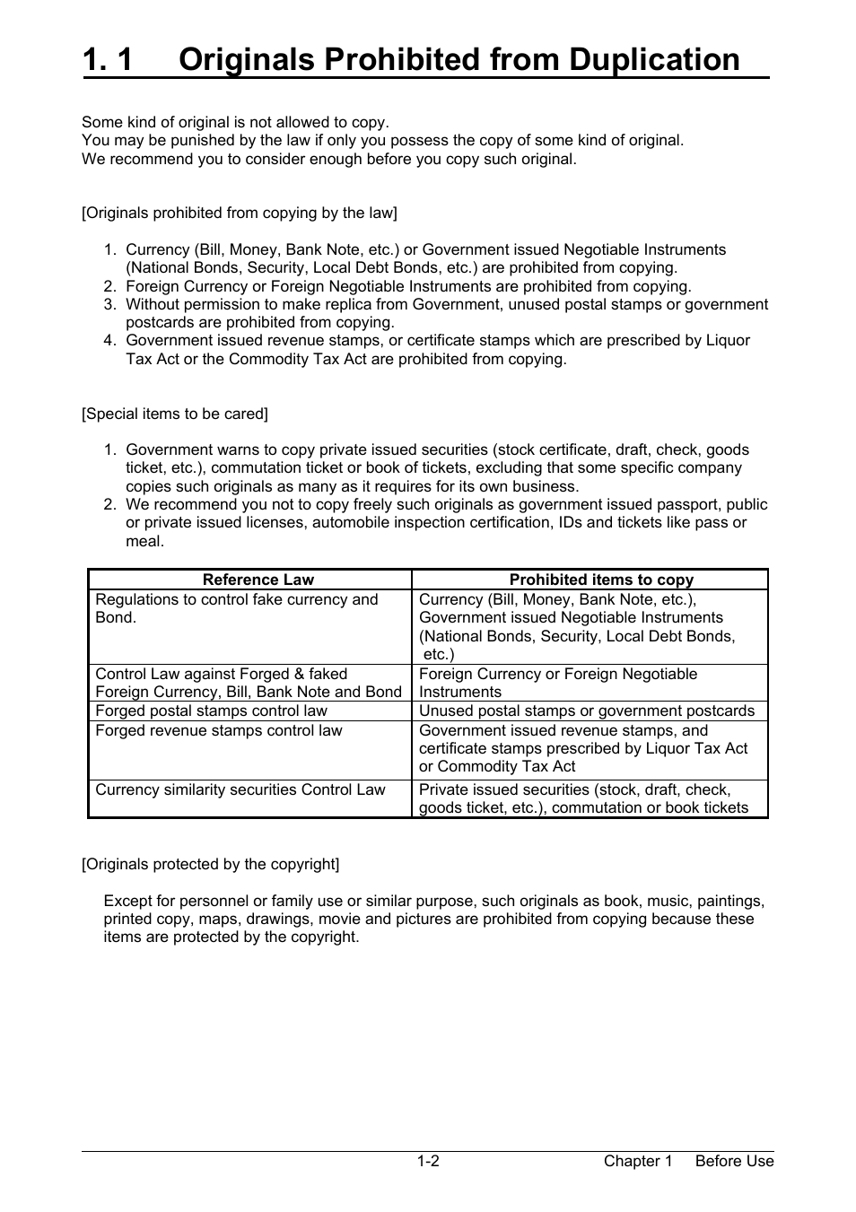 1 originals prohibited from duplication | Kyocera KM-3650w User Manual | Page 5 / 62
