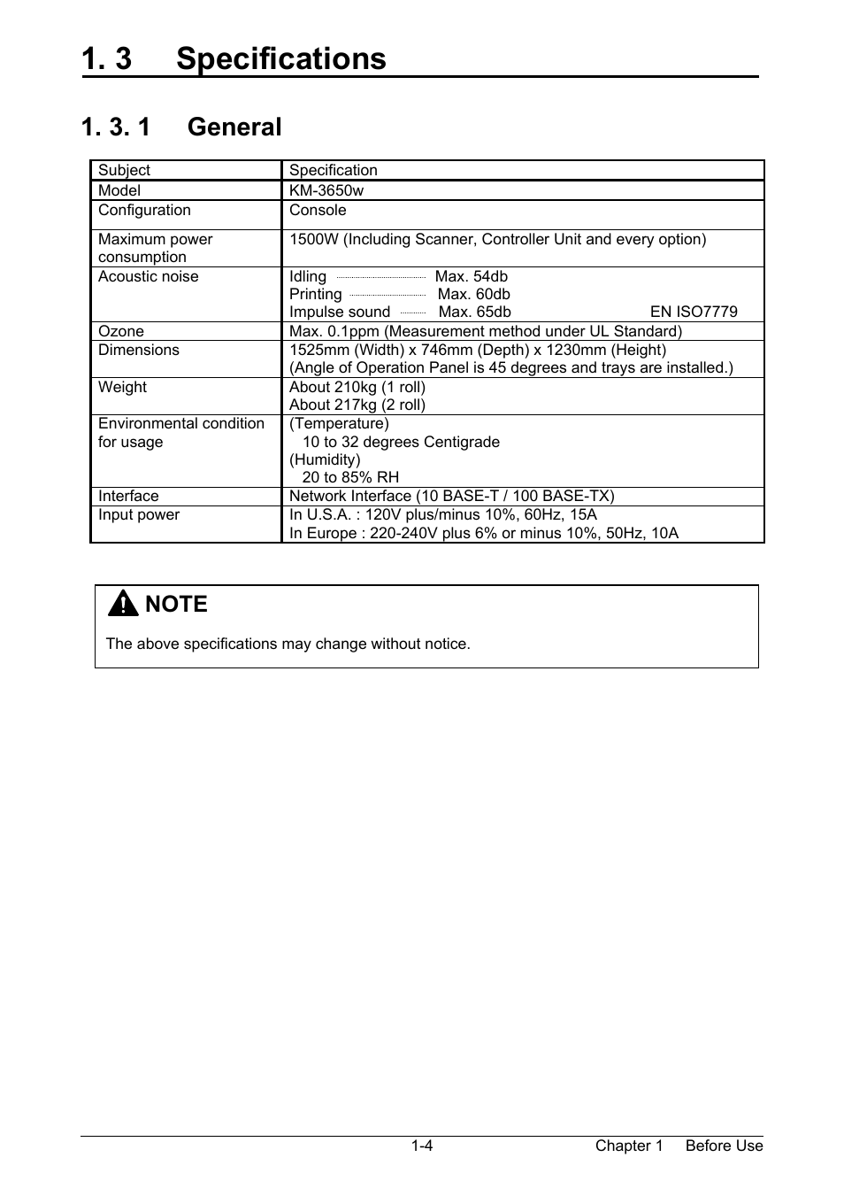 3 specifications, 3. 1 general | Kyocera KM-3650w User Manual | Page 7 / 62