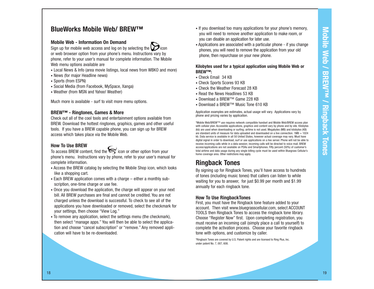 Mobile w eb / brew™ / ringback t ones, Blueworks mobile web/ brew, Ringback tones | Kyocera Cellular Phone User Manual | Page 11 / 12