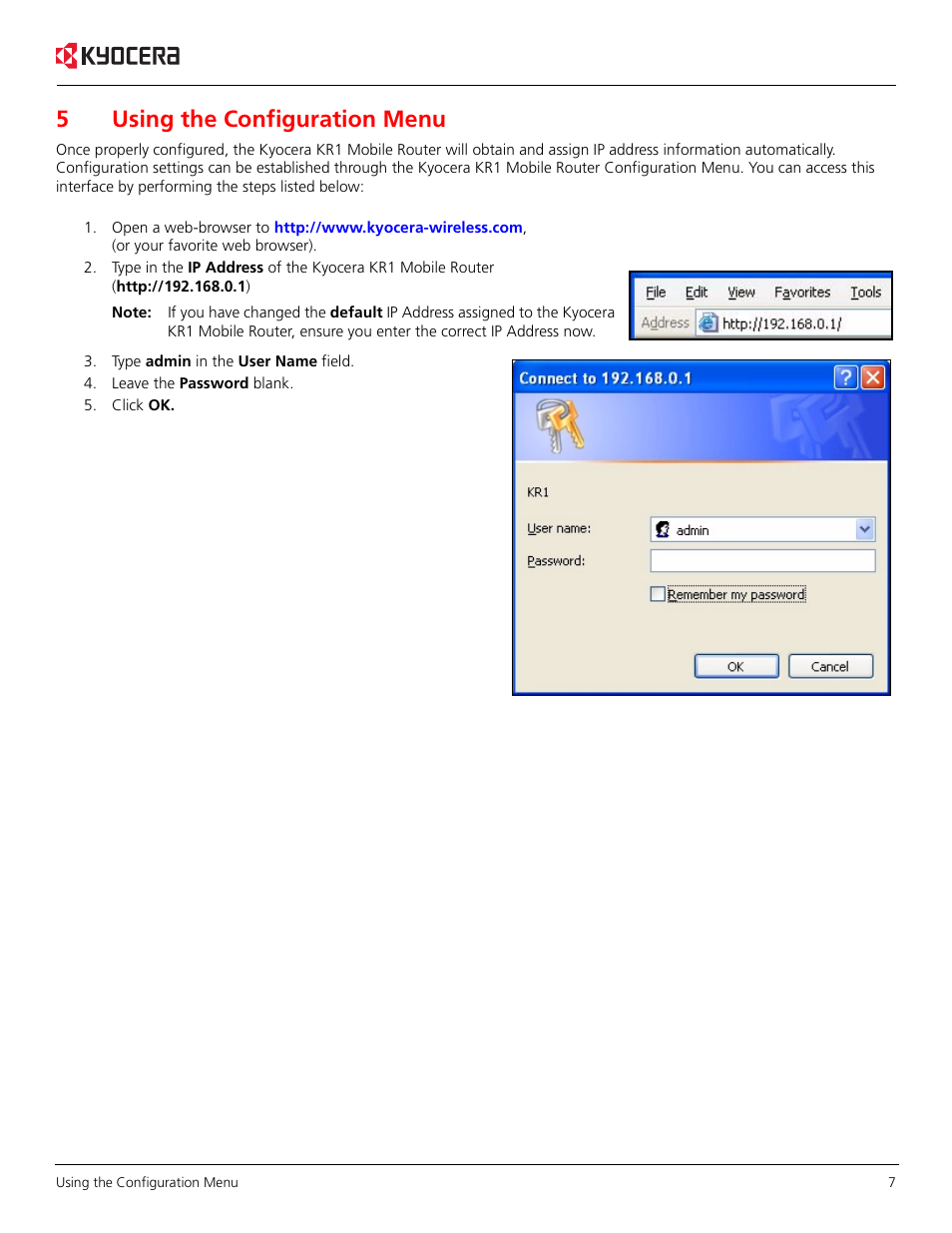5using the configuration menu | Kyocera KR1 User Manual | Page 11 / 52
