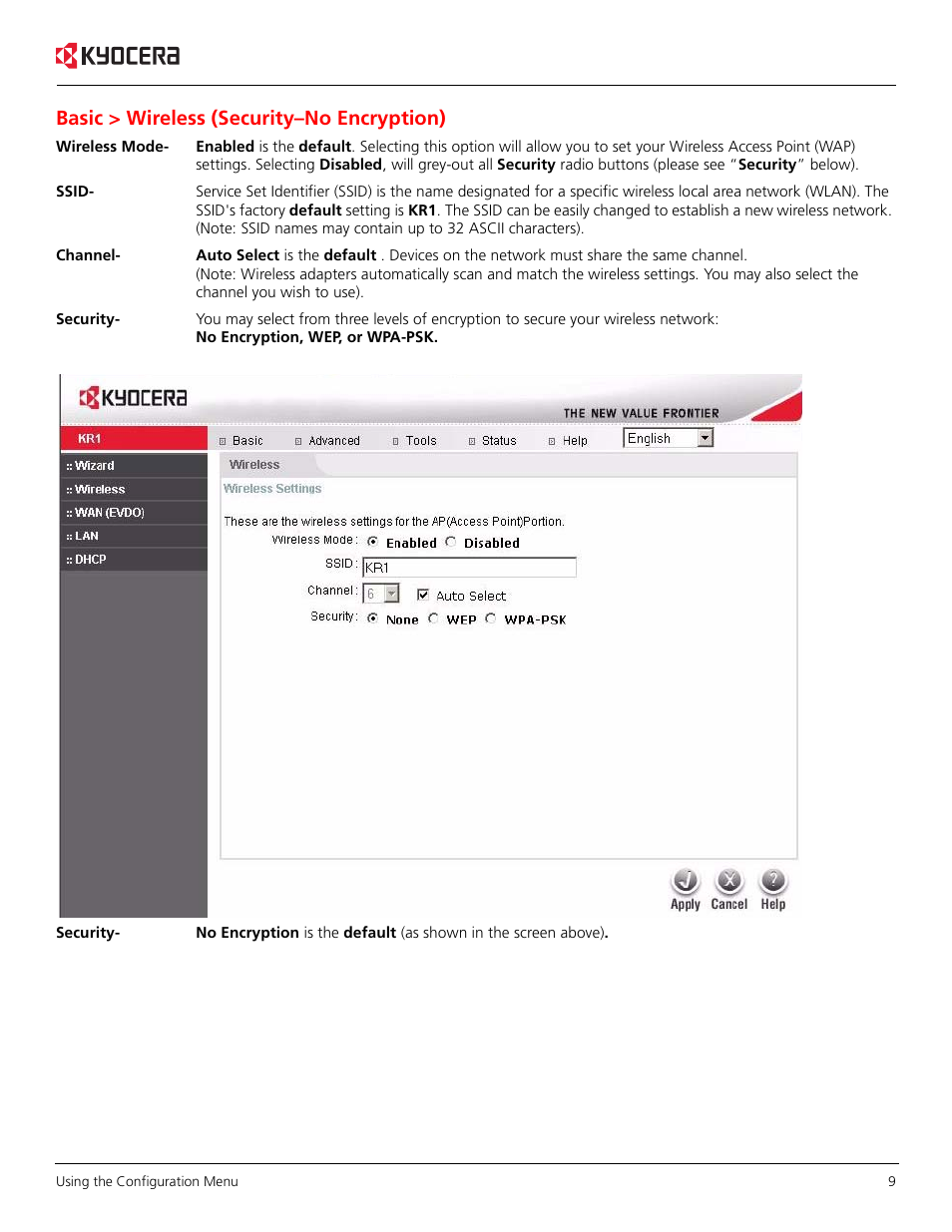 Basic > wireless (security–no encryption) | Kyocera KR1 User Manual | Page 13 / 52