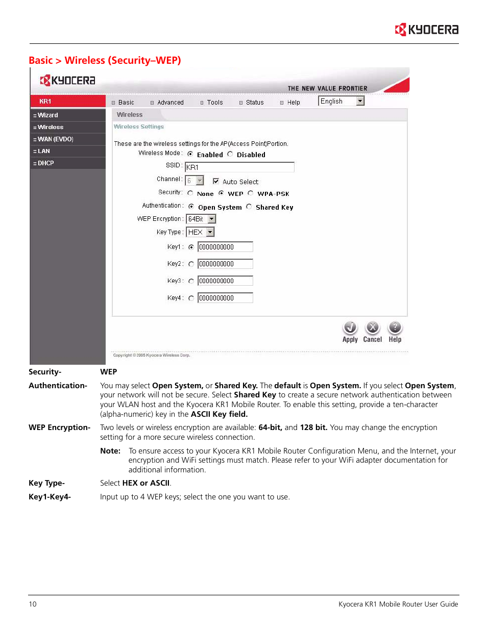 Basic > wireless (security–wep) | Kyocera KR1 User Manual | Page 14 / 52