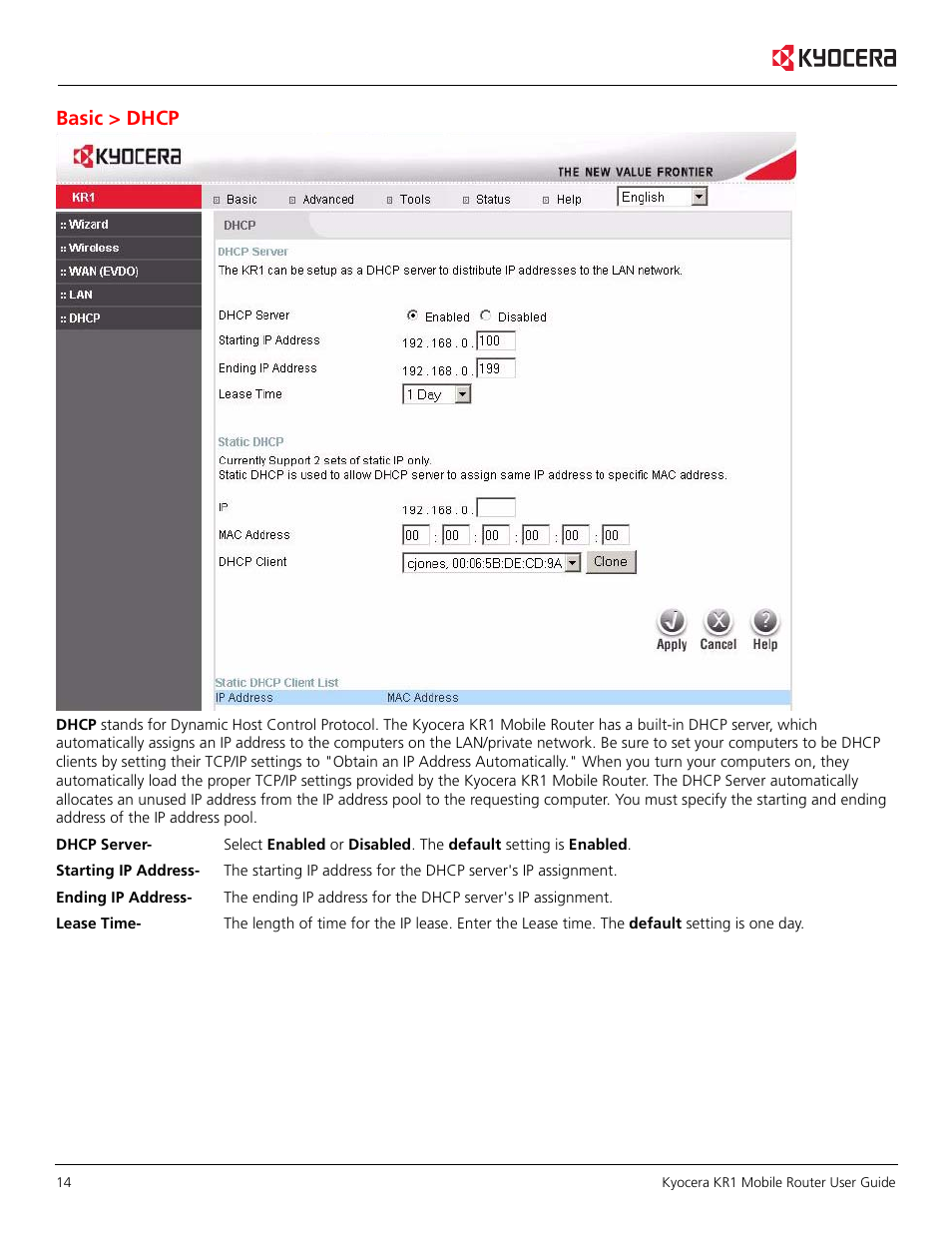 Basic > dhcp | Kyocera KR1 User Manual | Page 18 / 52