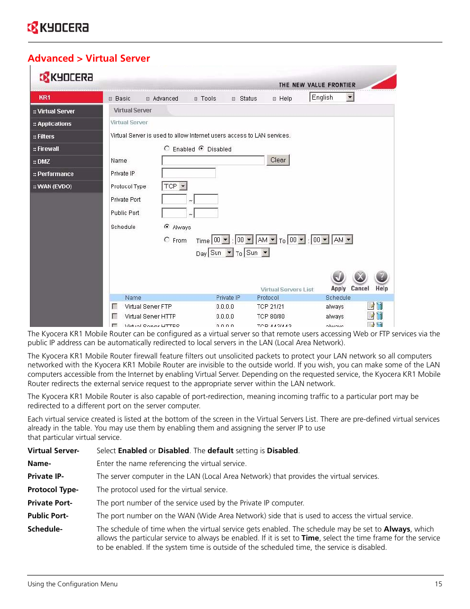 Advanced > virtual server | Kyocera KR1 User Manual | Page 19 / 52