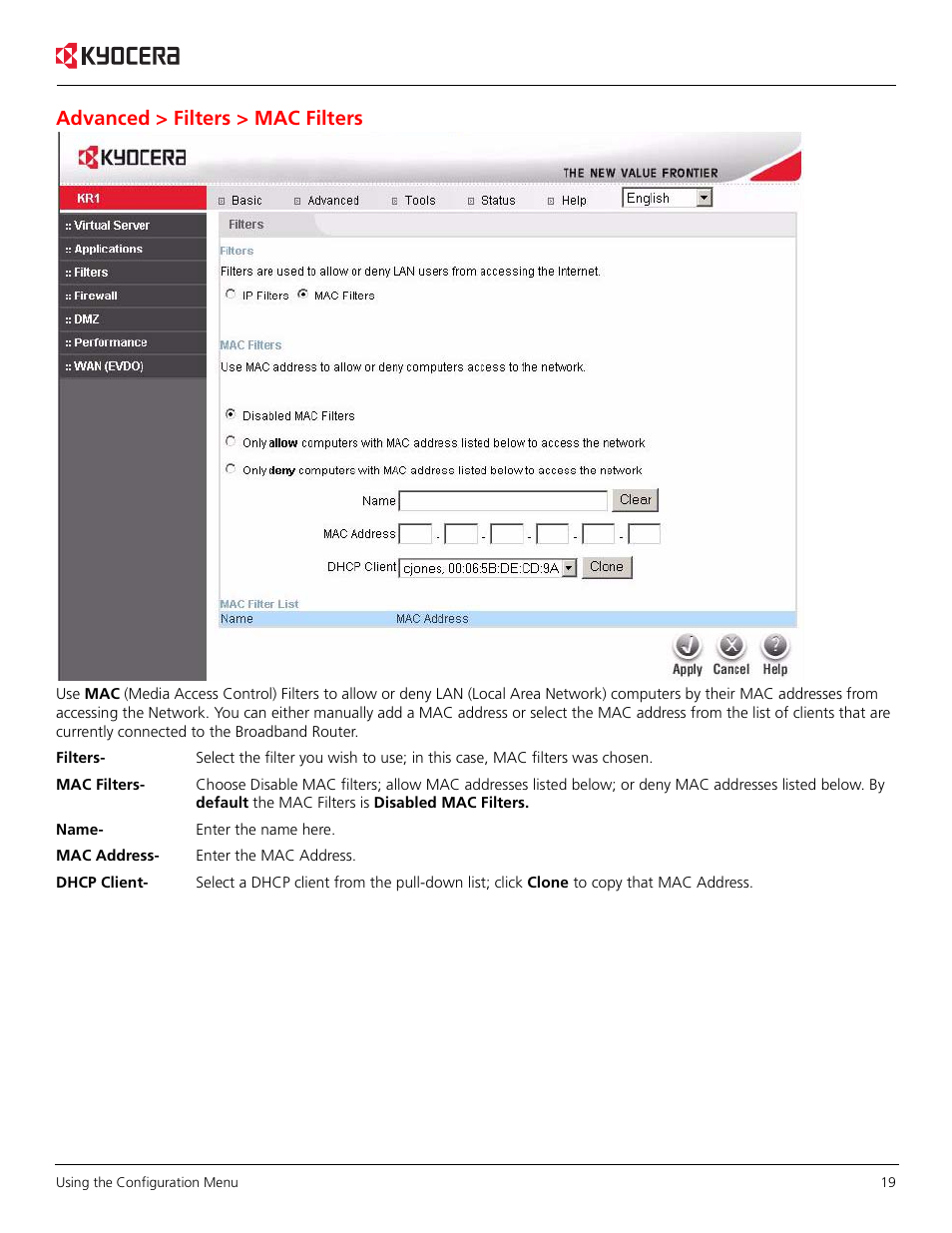 Advanced > filters > mac filters | Kyocera KR1 User Manual | Page 23 / 52