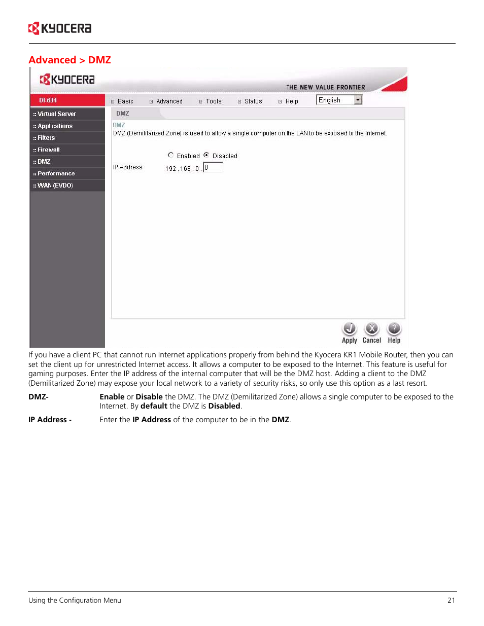 Advanced > dmz | Kyocera KR1 User Manual | Page 25 / 52
