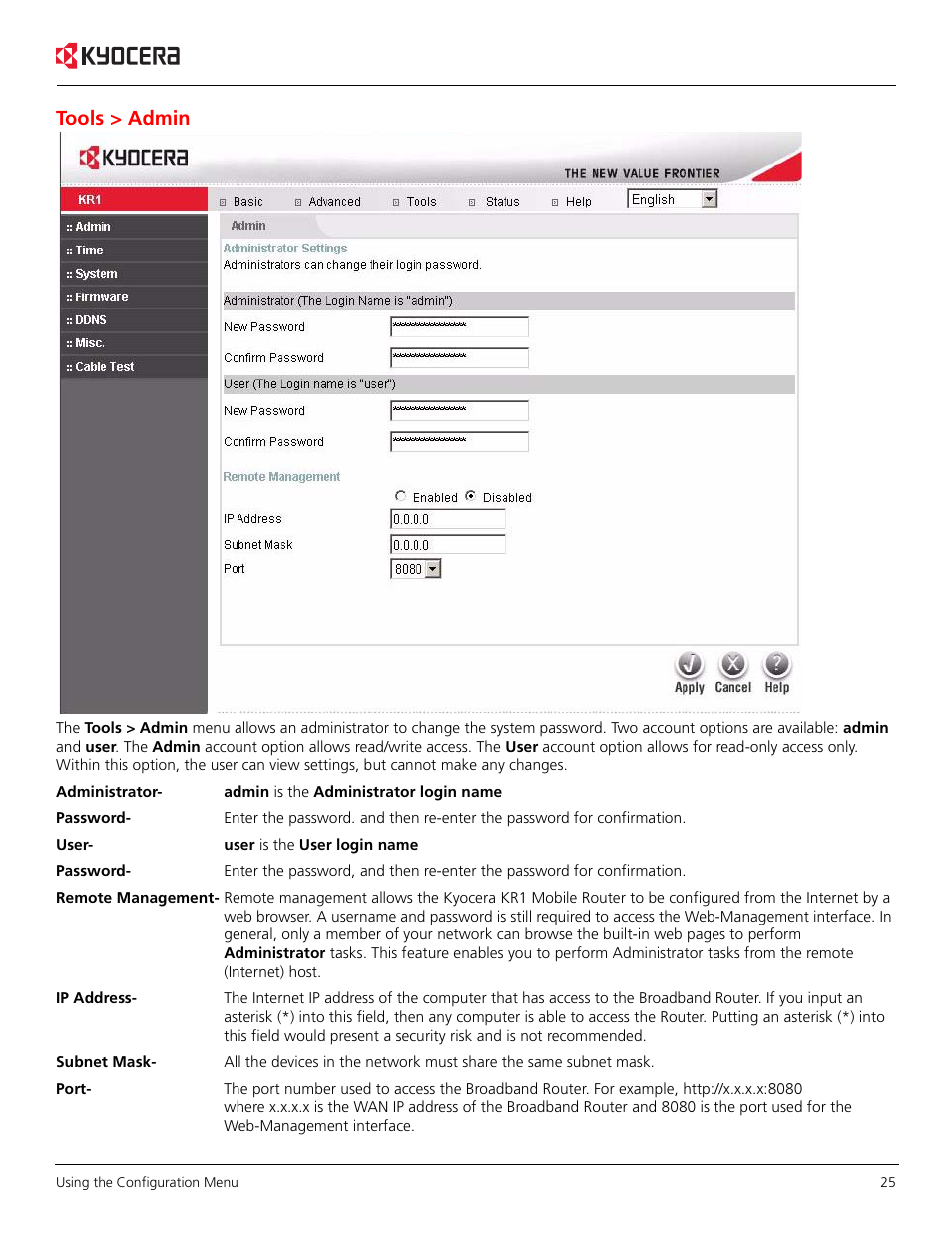 Tools > admin | Kyocera KR1 User Manual | Page 29 / 52