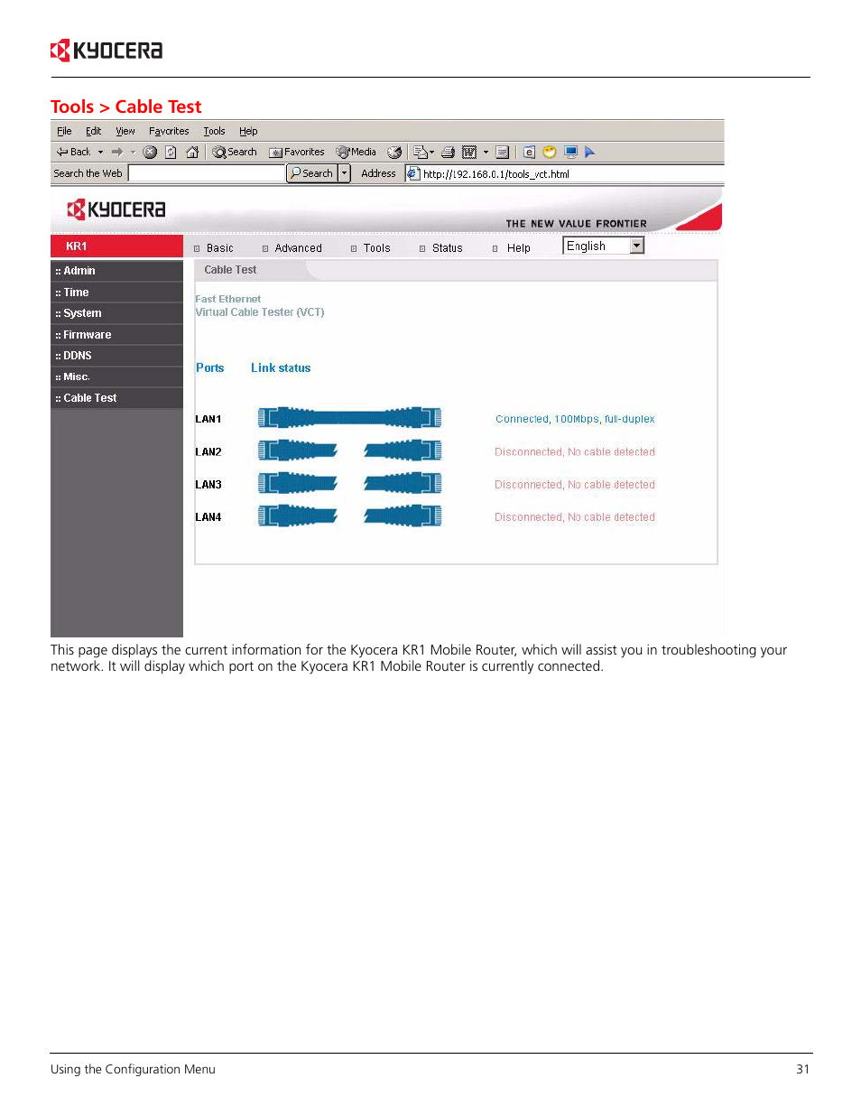 Tools > cable test | Kyocera KR1 User Manual | Page 35 / 52