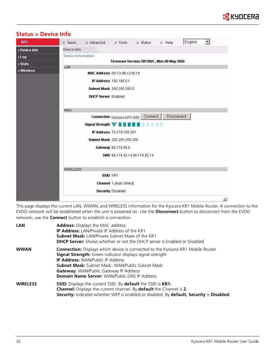 Status > device info | Kyocera KR1 User Manual | Page 36 / 52
