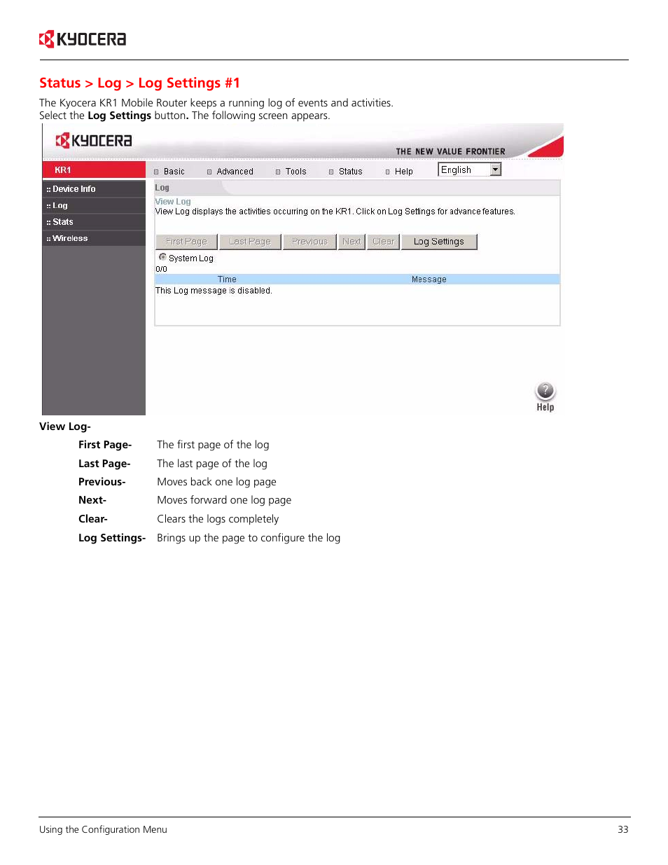 Status > log > log settings #1 | Kyocera KR1 User Manual | Page 37 / 52