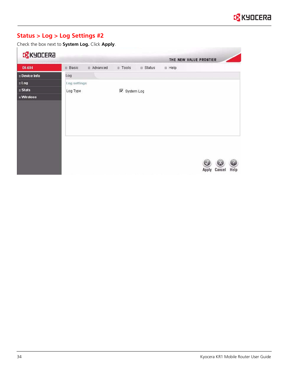 Status > log > log settings #2 | Kyocera KR1 User Manual | Page 38 / 52