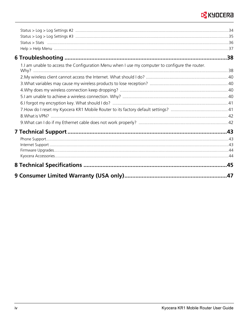 6 troubleshooting, 7 technical support | Kyocera KR1 User Manual | Page 4 / 52