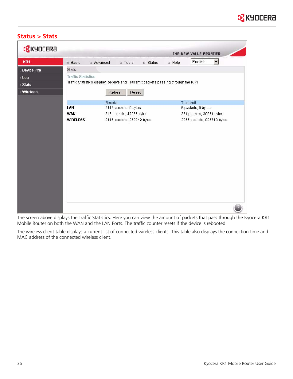 Status > stats | Kyocera KR1 User Manual | Page 40 / 52