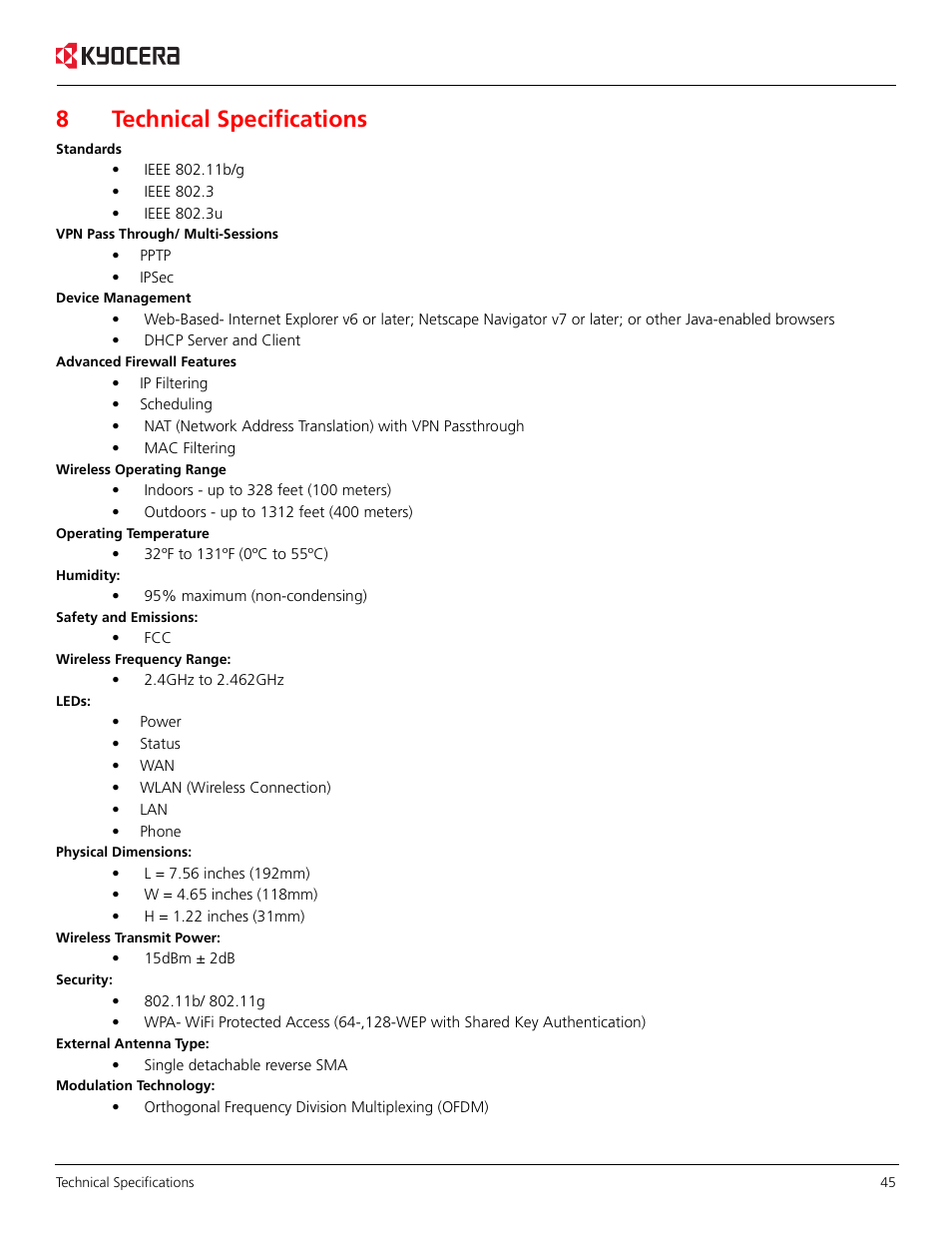 8technical specifications | Kyocera KR1 User Manual | Page 49 / 52